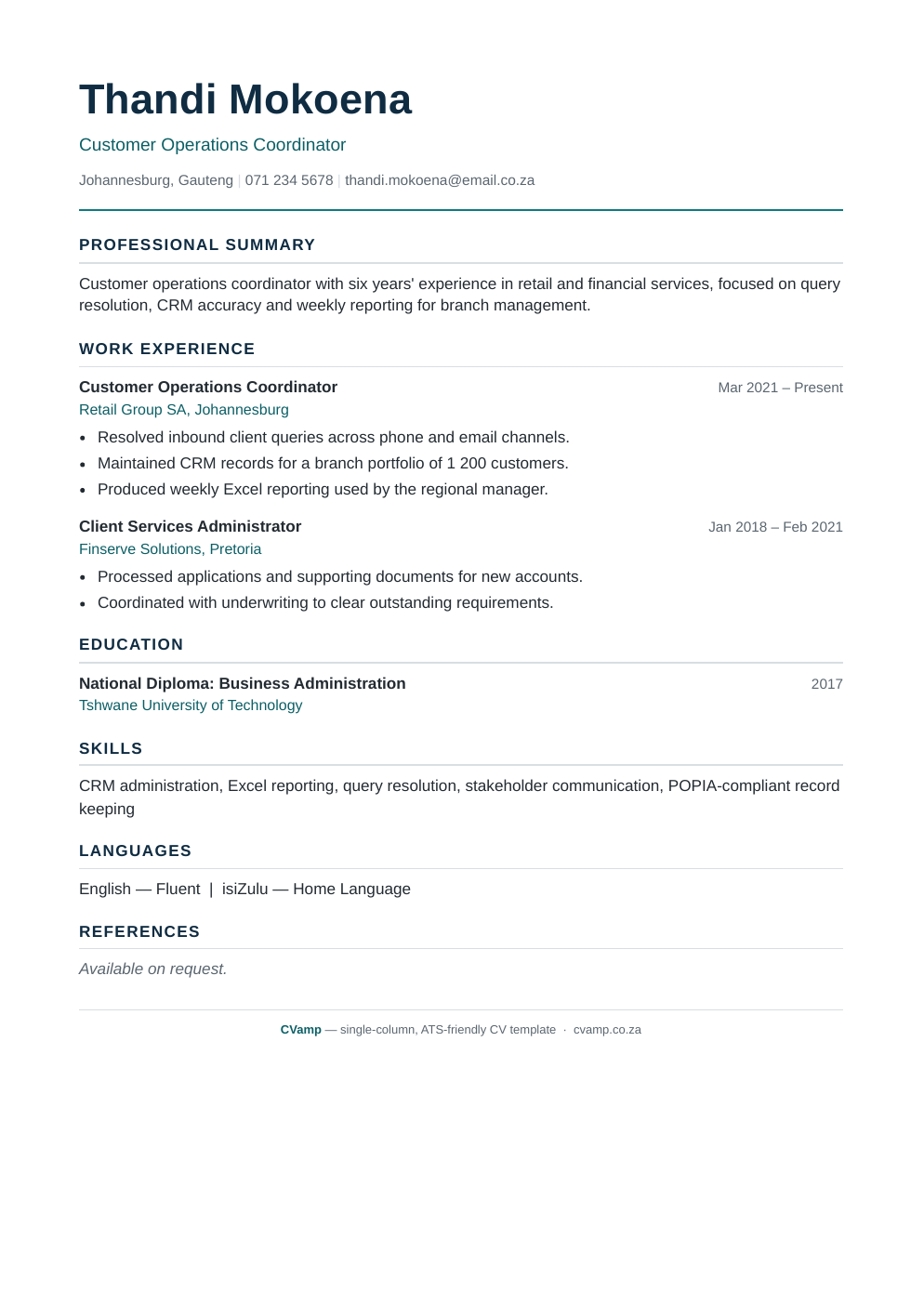 Example of the CVamp single-column CV layout